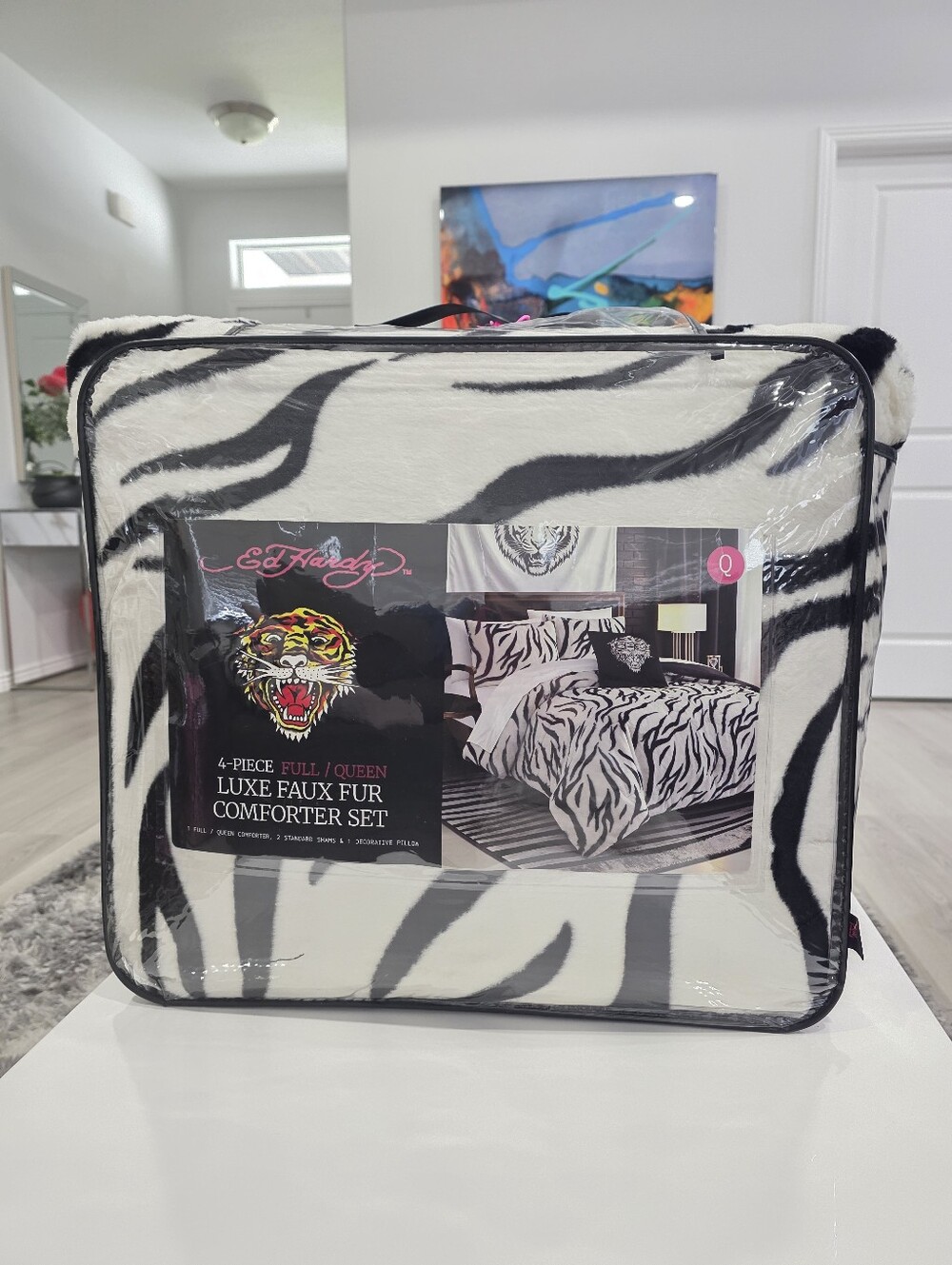 Ed Hardy QUEEN 4 piece Luxe Faux Fur Comforter Set Zebra Print New